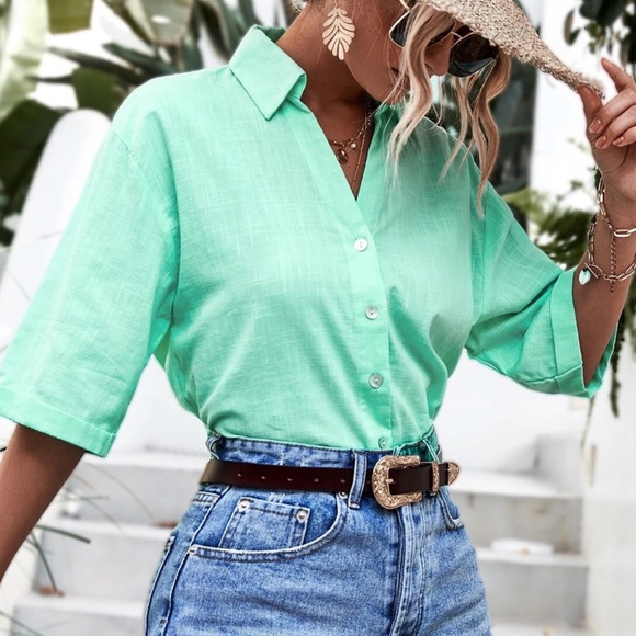 Solid Mint Green Button Down Loose Fit Boyfriend Shirt - Picture 4 of 6